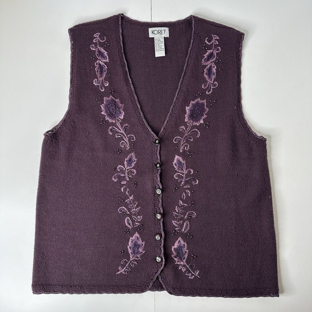 Koret Embroidered Sweater Vest Sz M Purple Dark Academia‎ Preppy Professor Vtg - Picture 15 of 15